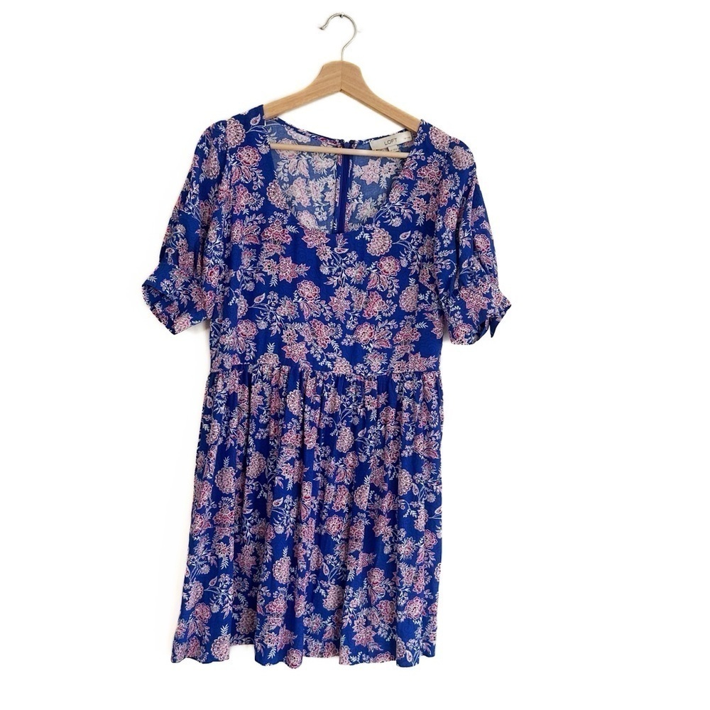 Loft Womens 6 Petite Blue Floral Puff Sleeve Swing Dress - Picture 2 of 9